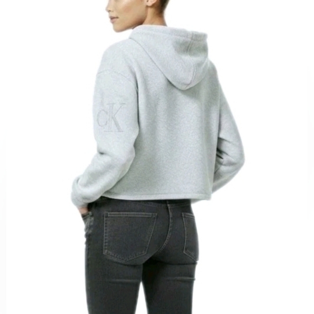 Calvin Klein Jeans Women's L Cotton Blend Relaxed Crop Logo Hoodie Pullover Gray